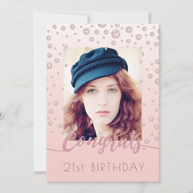 Convite Aniversário rosa dourado foto diamante glam (Frente)