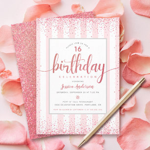 Convite Aniversário rosa dourado glitter script ano person