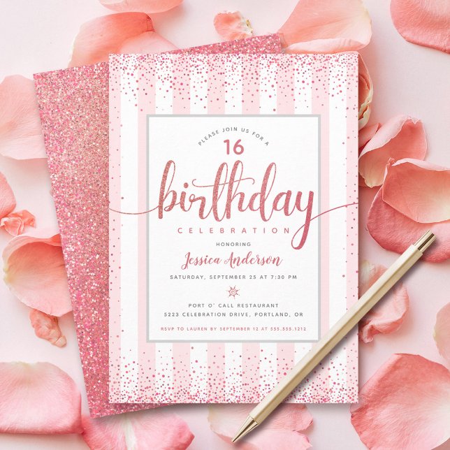 Convite Aniversário rosa dourado glitter script ano person (Criador carregado)