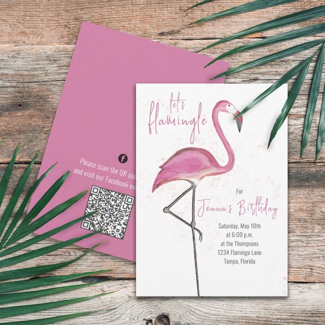 Convite Aniversário Rosa Flamingo Fofo Código QR Mídia Soc (Criador carregado)