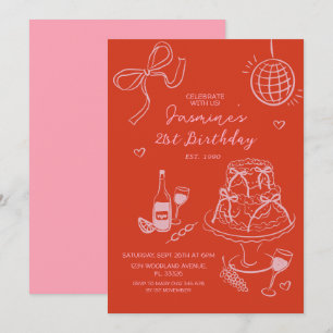 Convite Aniversário Rosa-Rosa-Rosa-Desenho-Vermelho