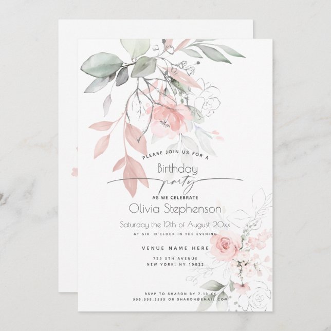 Convite Aniversário | Rosas Bonito de algodão cor-de-rosa (Frente/Verso)