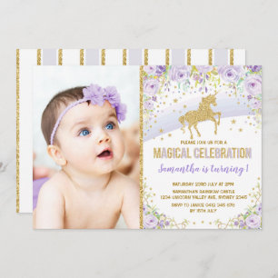 Convite Aniversário roxo do ouro da lavanda do unicórnio