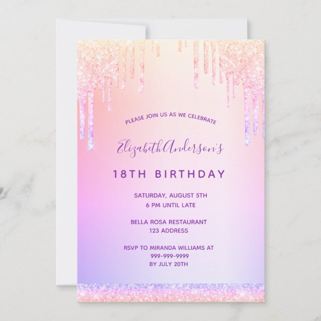 Convite Aniversário roxo pincel rosa rosa-rosa brilho (Frente)