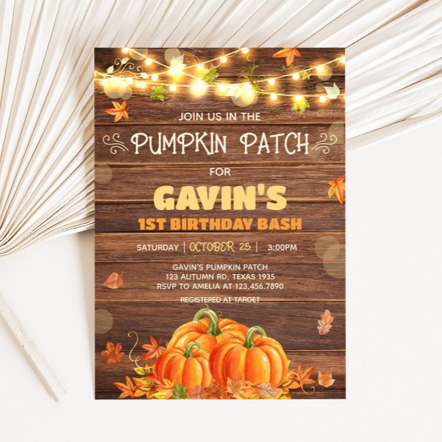 Convite Aniversário Rustic Autumn Pumpkin Patch (Rustic Autumn Pumpkin Patch String Lights Birthday Invitation)