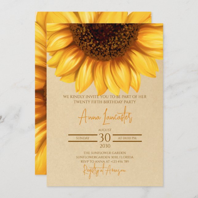 Convite Aniversário Rustic Elegant Sunflower (Frente/Verso)