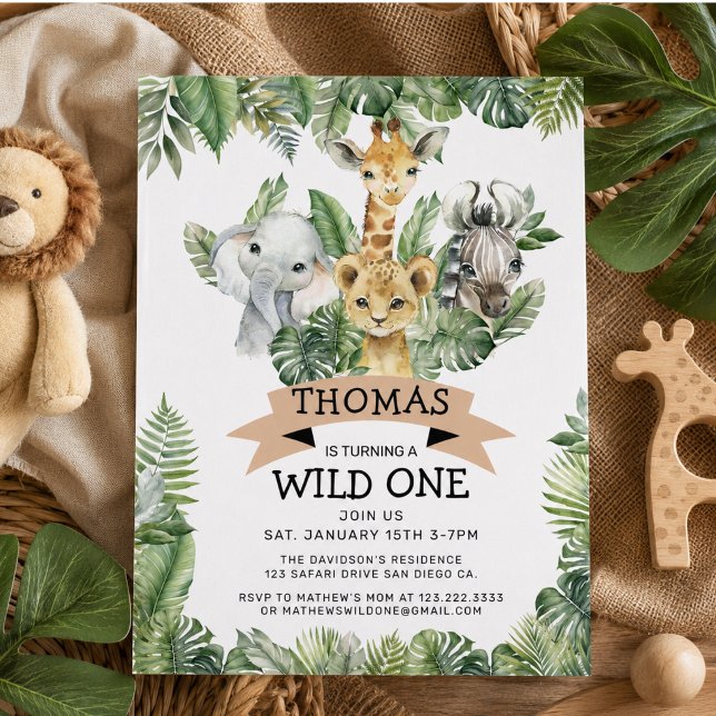 Convite Aniversário Safari Selvagem na Selva Tropical  (Wild One Tropical Jungle Safari Birthday Invitation)