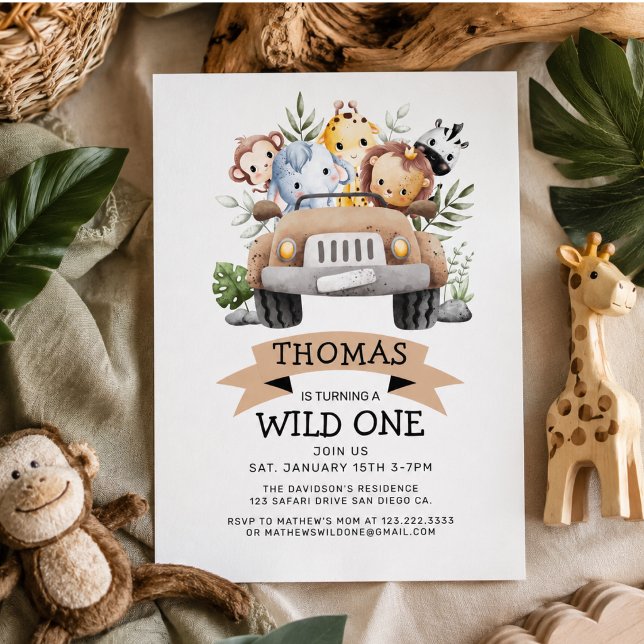 Convite Aniversário Safari Tropical Selvagem  (Wild One Tropical Jungle Safari Birthday Invitation)