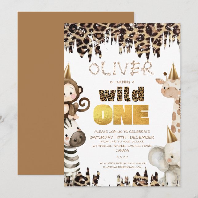 Convite Aniversário Safari Wild One 1º (Frente/Verso)