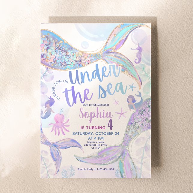 Convite Aniversário Sereia com Brilho Azul Pastel Roxo Dou (Pastel Blue Purple Gold Glitter Mermaid Birthday Invitation)