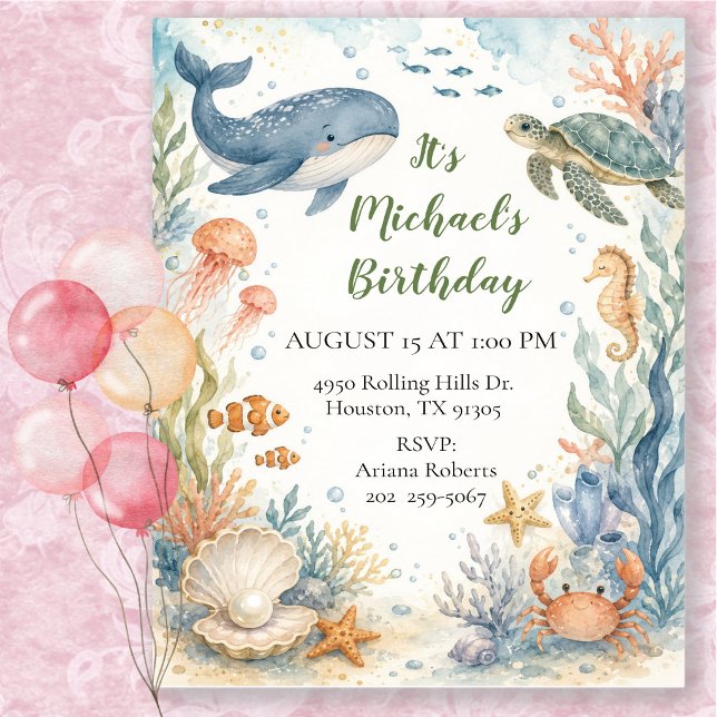 Convite Aniversário Sob o Mar com Aquarela Caprichosa (Criador carregado)