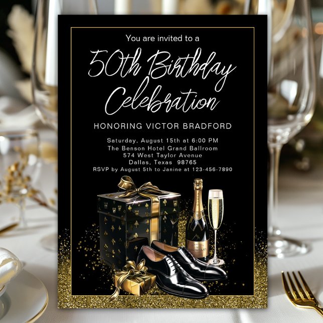 Convite Aniversário Sofisticado de Luxo para Homens em Our (Men's classy any number birthday and event invitation with black and gold festive theme. )