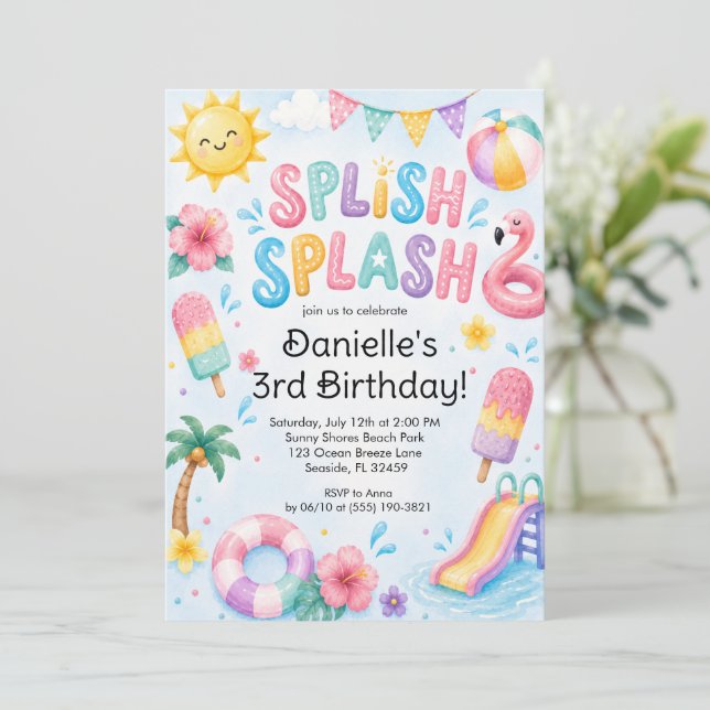 Convite Aniversário Splash Divertido Aquarela (Em pé/Frente)