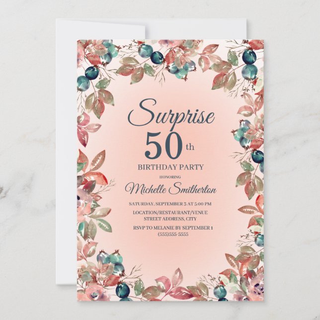 Convite Aniversário Surpresa 50ª Mulher Rosa Teal Floral (Frente)