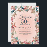 Convite Aniversário Surpresa 50ª Mulher Rosa Teal Floral<br><div class="desc">Elegante cor-de-rosa botânico e branco-d-água floral e deixa tema-50º convite de aniversário surpresa para mulheres. Bonito para uma celebração em qualquer época do ano, mas perfeitamente adequado para o outono. O texto, a fonte, o tamanho e a cor da fonte são completamente personalizáveis, de modo que este cartão pode ser...</div>