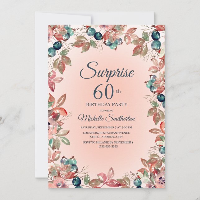 Convite Aniversário Surpresa 60ª Mulher Rosa Teal Floral (Frente)