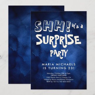 Convite Aniversário Surpresa com Aquarela Azul Marinho Per