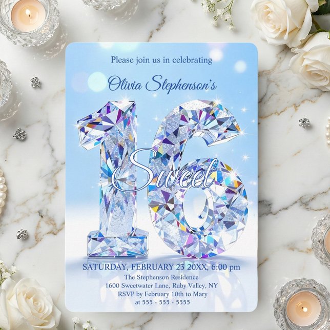 Convite Aniversário Sweet 16 Brilho Diamante Azul Glamouro (Criador carregado)