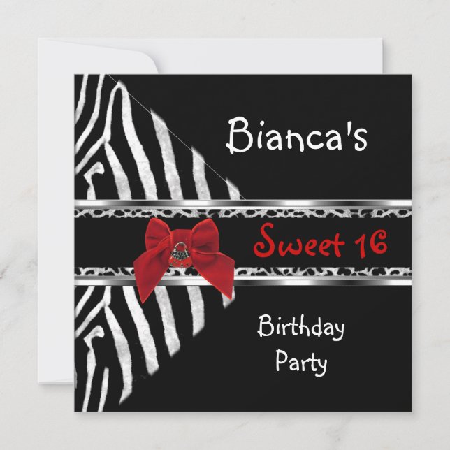 Convite Aniversário Sweet 16 Vermelho Prata Preto Zebra Le (Frente)