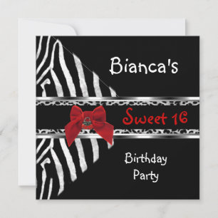 Convite Aniversário Sweet 16 Vermelho Prata Preto Zebra Le