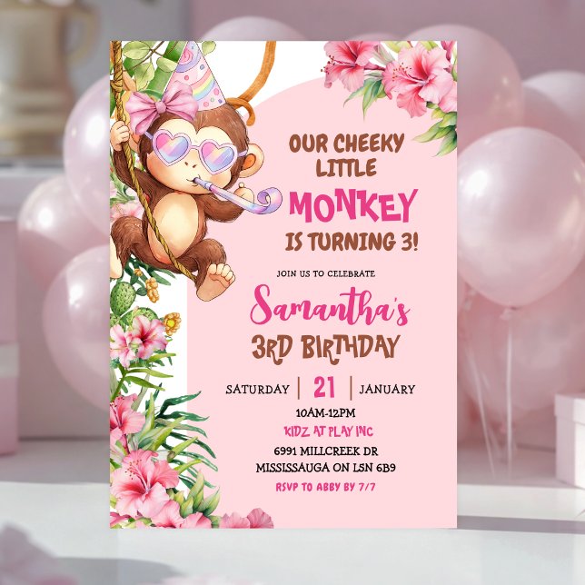 Convite Aniversário Tema Macaco Travesso Rosa de Savannah (Criador carregado)