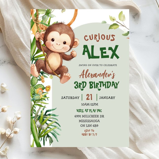 Convite Aniversário Tema Safari Macaco Curioso Verde (Criador carregado)