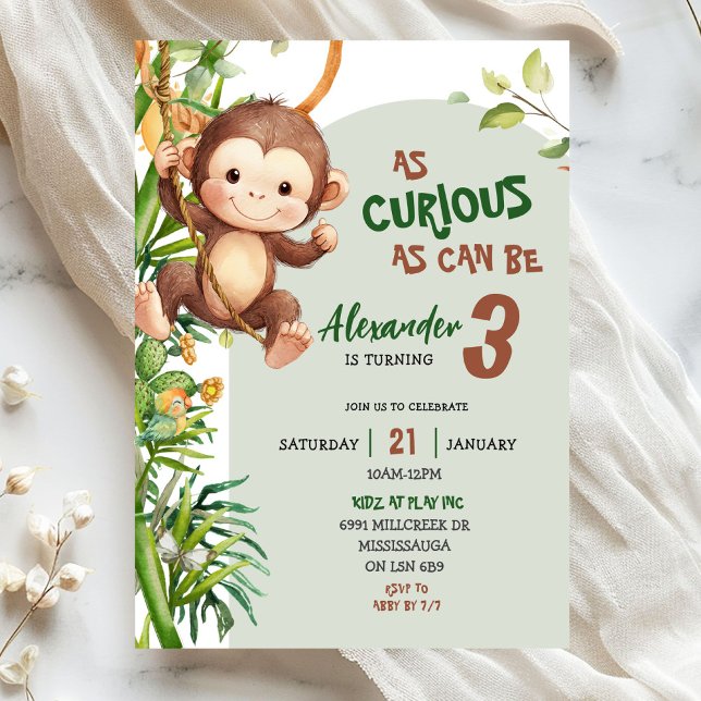 Convite Aniversário Tema Savannah Macaco Curioso Verde (Criador carregado)