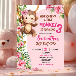 Convite Aniversário Tema Savannah Macaco Rosado Travesso