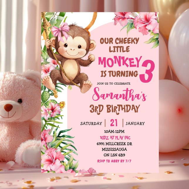 Convite Aniversário Tema Savannah Macaco Rosado Travesso (Criador carregado)