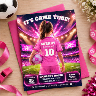 Convite Aniversário temático de futebol cor-de-rosa