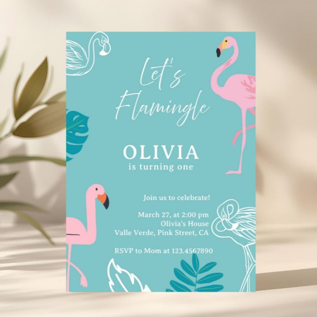 Convite Aniversário Tropical Aqua & Flamingo Rosa (aqua pink birthday invitation, flamingo birthday invitation, first birthday invite, lets flamingle, )