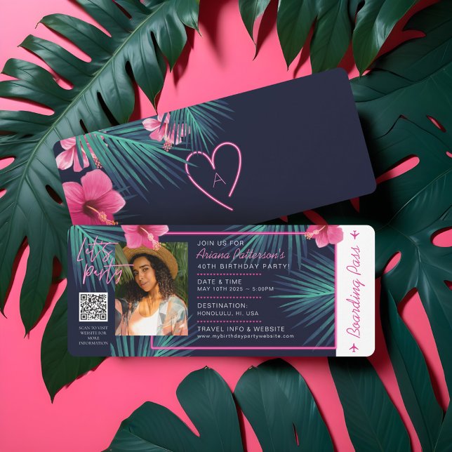 Convite Aniversário Tropical de Neon Rosa Elétrica (Electric Neon Pink Tropical Destination Birthday Invitation)
