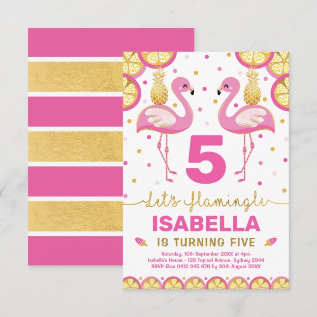 Convite Aniversário Tropical de Verão do Flamingo, Dourado (Frente/Verso)