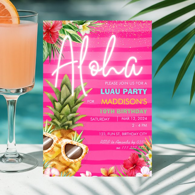 Convite Aniversário Tropical Luau Pineapple Beach Pink Gir (Tropical Luau Pineapple Beach Pink Girl Birthday Invitation)