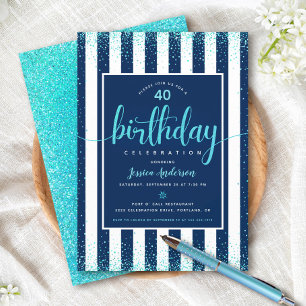 Convite Aniversário turquesa brilho script azul personaliz