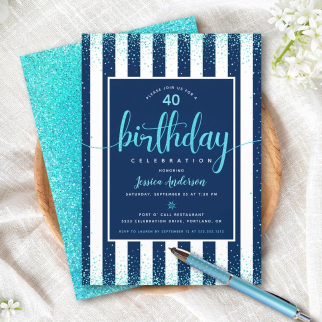 Convite Aniversário turquesa brilho script azul personaliz (Criador carregado)