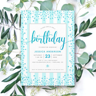 Convite Aniversário turquesa moderno brilho script listras