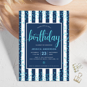 Convite Aniversário turquesa script brilho pontos azul mar