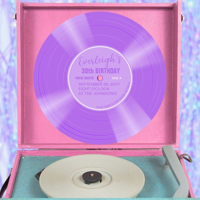 Convite Aniversário Único do Registro de Vinilo Púrpura Li (Lilac purple color vinyl record pop birthday invitation with lilac purple label)