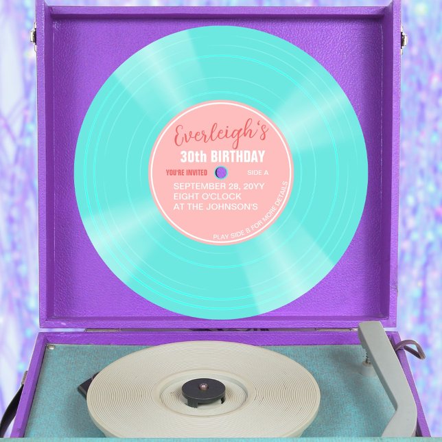 Convite Aniversário único do Registro de Vinilo Rosa e Tur (Turquoise color vinyl pop birthday invitation with pink label)