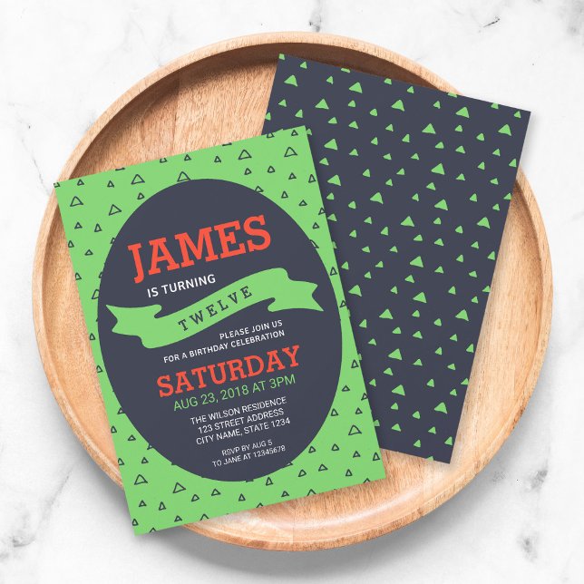 Convite Aniversário Verde e Azul do Triângulo Moderno (Criador carregado)