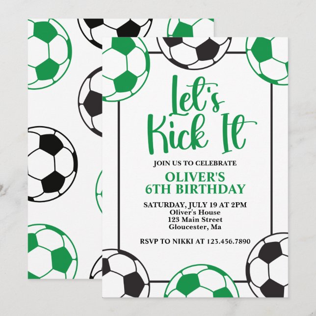 Convite Aniversário Verde e Preto de Futebol (Frente/Verso)