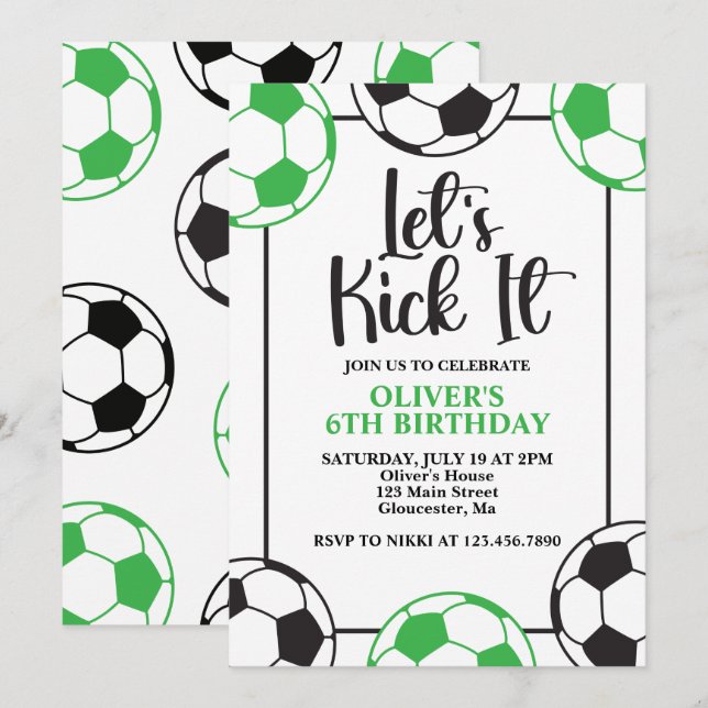 Convite Aniversário Verde e Preto de Futebol (Frente/Verso)