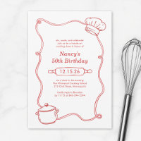 Aniversário Vermelho de Aula de Culinária Desenhad