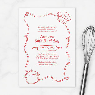 Convite Aniversário Vermelho de Aula de Culinária Desenhad