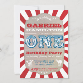 Convite Aniversário Vermelho de Um Ano Vintage Circo Carna