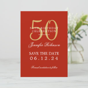 Convite Aniversário Vermelho Dourado 50º Guardar os Detalh