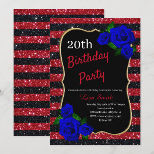 Convite Aniversário Vermelho Negra Glitter Rosas Azuis Pro