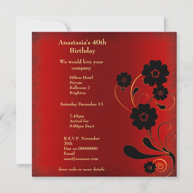 Convite Aniversário Vermelho Rasgado com Floral Pr (Frente)