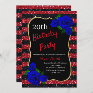 Convite Aniversário Vermelho Rosas Azuis Profundos